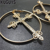 Big Hoop Cross Dangle Earring with Crystals Silver Jewelry