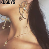 Big Hoop Cross Dangle Earring with Crystals Silver Jewelry