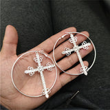 Big Hoop Cross Dangle Earring with Crystals Silver Jewelry