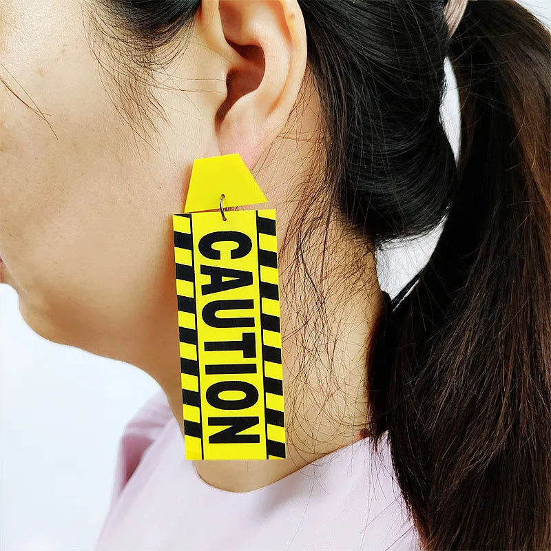 Yellow CAUTION Card Long Drop Earrings for Women HipHop Rock Punk Jewelry
