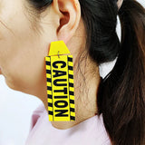 Yellow CAUTION Card Long Drop Earrings for Women HipHop Rock Punk Jewelry