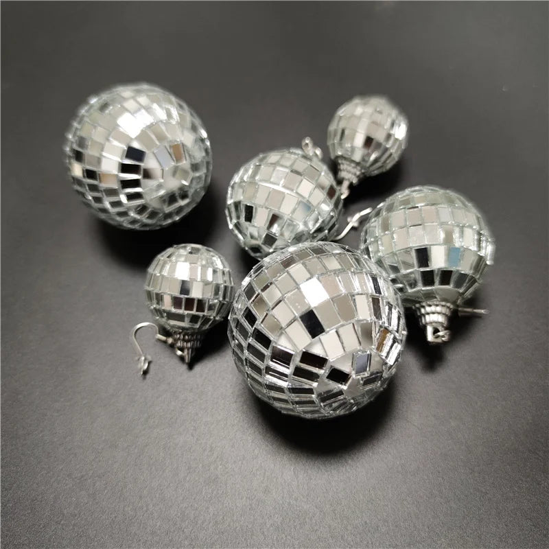 Retro Disco Ball Drop Earrings 4cm Silver Mirror Vintage Reflect Light Jewelry