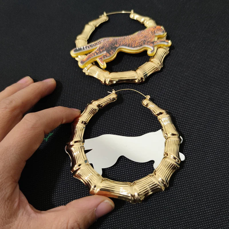 Leopard Print Bamboo Hoop Earrings Retro Vintage