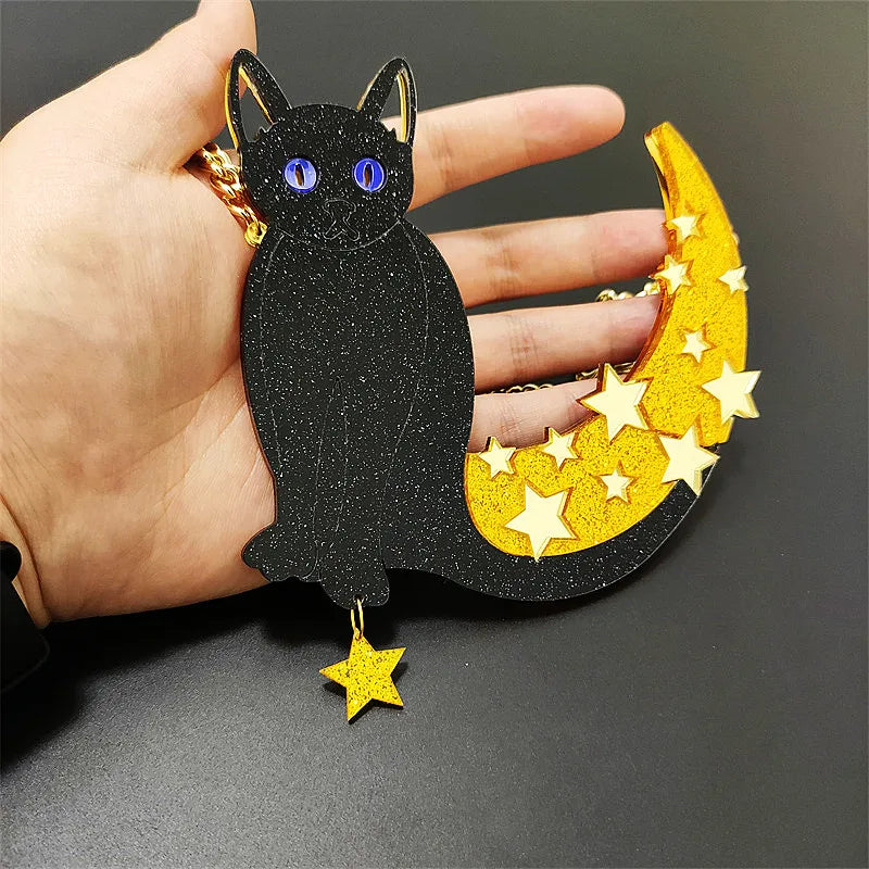 Golden Moon Necklace Acrylic Cat Pendant Sweater Chain