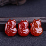 Red Stone Carved Fox Pendant Necklace Crystal Auspicious Jewelry
