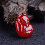 Red Stone Carved Fox Pendant Necklace Crystal Auspicious Jewelry
