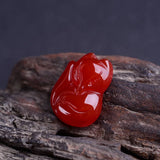 Red Stone Carved Fox Pendant Necklace Crystal Auspicious Jewelry