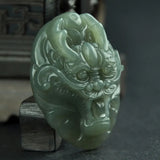 Natural Hetian Green Jade Carved Dragon Pendant Men Women Zodiac Necklace