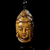 Yellow Tiger Eye Guanyin Head Pendant Lucky Buddha Amulet Rope