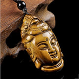 Yellow Tiger Eye Guanyin Head Pendant Lucky Buddha Amulet Rope