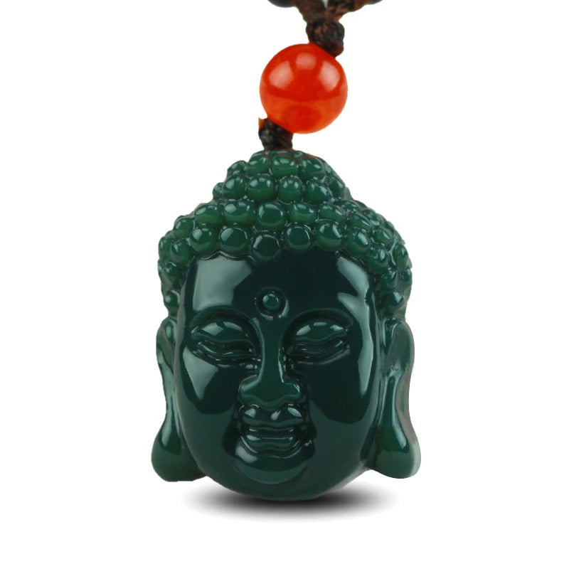 Natural Hetian Jade Buddha Head Pendant Necklace Green Jade Jewelry