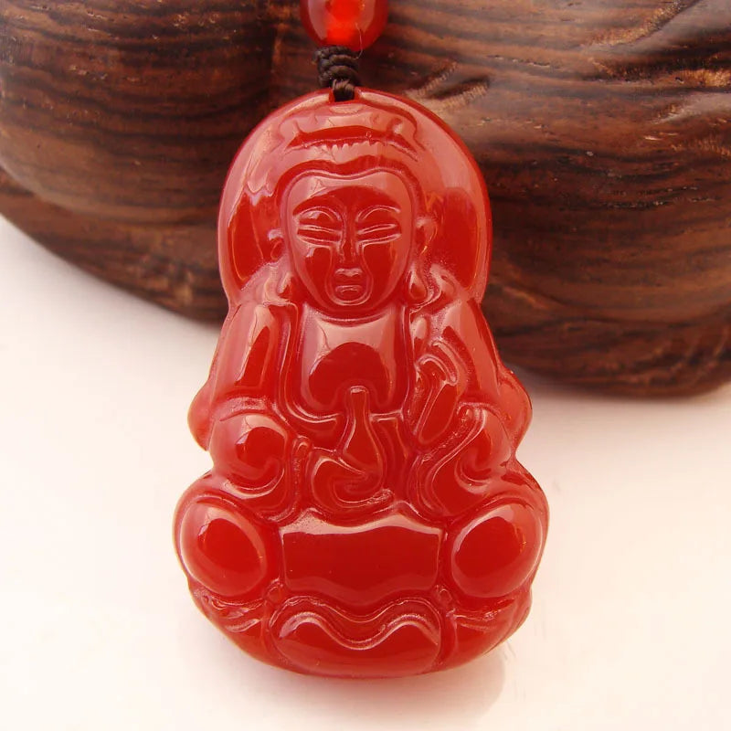 Rare Natural Red Agate Hand Carved Kuan-Yin Agate Pendant