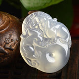 Women Natural Stone Chalcedony Double Pixiu Safety Button Pendant Necklace