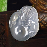 Women Natural Stone Chalcedony Double Pixiu Safety Button Pendant Necklace
