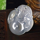 Women Natural Stone Chalcedony Double Pixiu Safety Button Pendant Necklace
