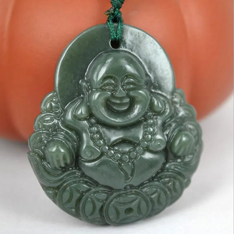 Hetian Qing Jade Buddha Pendant Amulet Necklace with Rope