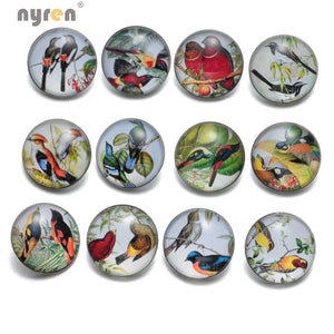 12pcs Vintage Bird Series Glass Snap Buttons 18mm Snaps Jewelry