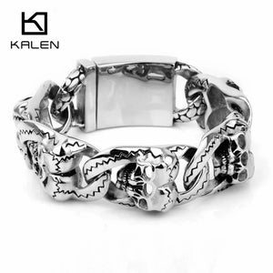 Men's Heavy Chunky Link Chain Bracelet with Double Skull Head Charms