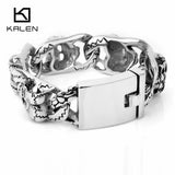 Men's Heavy Chunky Link Chain Bracelet with Double Skull Head Charms