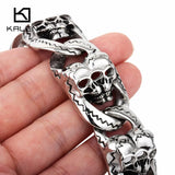 Men's Heavy Chunky Link Chain Bracelet with Double Skull Head Charms