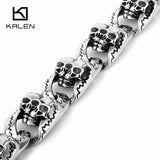 Men's Heavy Chunky Link Chain Bracelet with Double Skull Head Charms