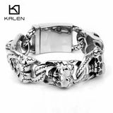 Men's Heavy Chunky Link Chain Bracelet with Double Skull Head Charms