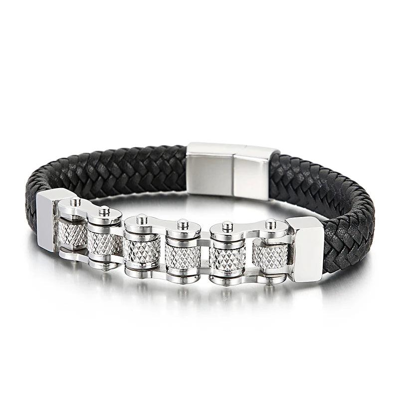Men's Bicycle Chain Bracelet Leather Wrapped Charm Jewelry