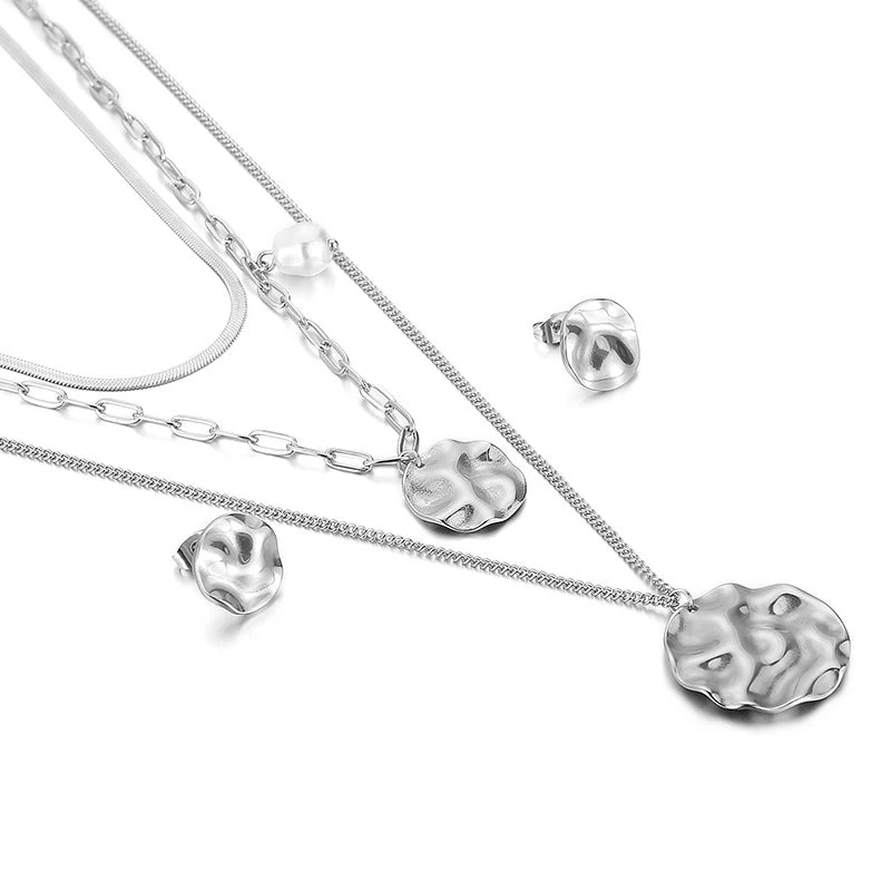 Stainless Steel Jewelry Set Rings Pendant Necklace Earrings for Women