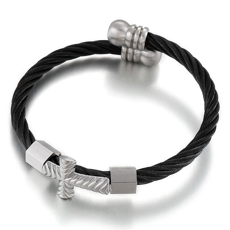 Punk Cross Twisted Wire Chain Stainless Steel High Bangles Men's Jewelry