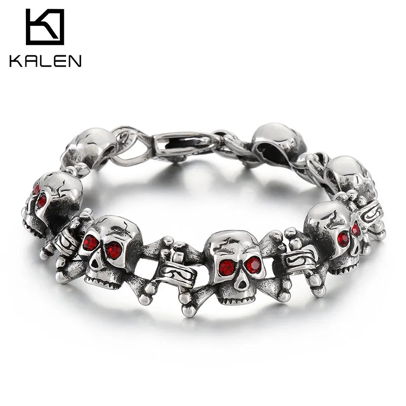 Skull Bracelet Men Stainless Steel Rhinestone Gothic Punk Jewelry