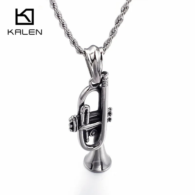 Men's Stainless Steel Trumpet Pendant Necklace with Long Chain
