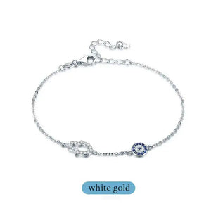 925 Silver Link Bracelet Hamsa Hand Evil Eye Charm Rose Jewelry