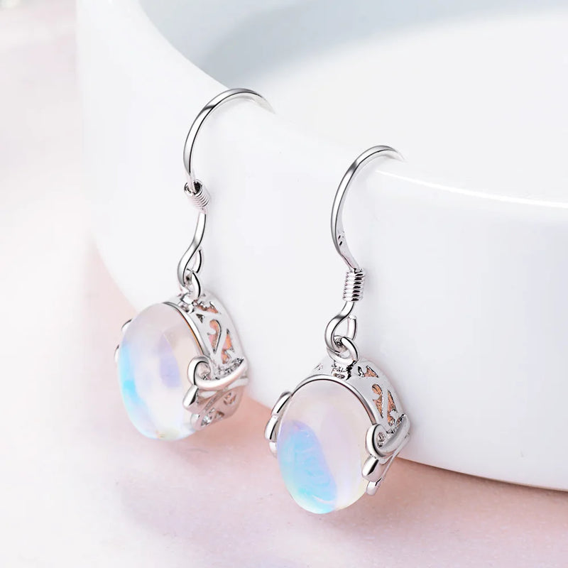 Karopel 925 Silver Earrings Rainbow Moon Stone Natural Semi-Precious Stones
