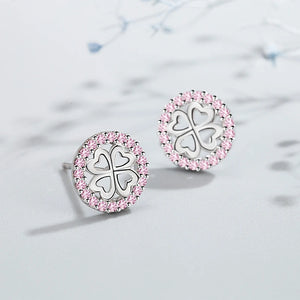 Karopel 925 Silver Pink Crystal Clover Stud Earrings