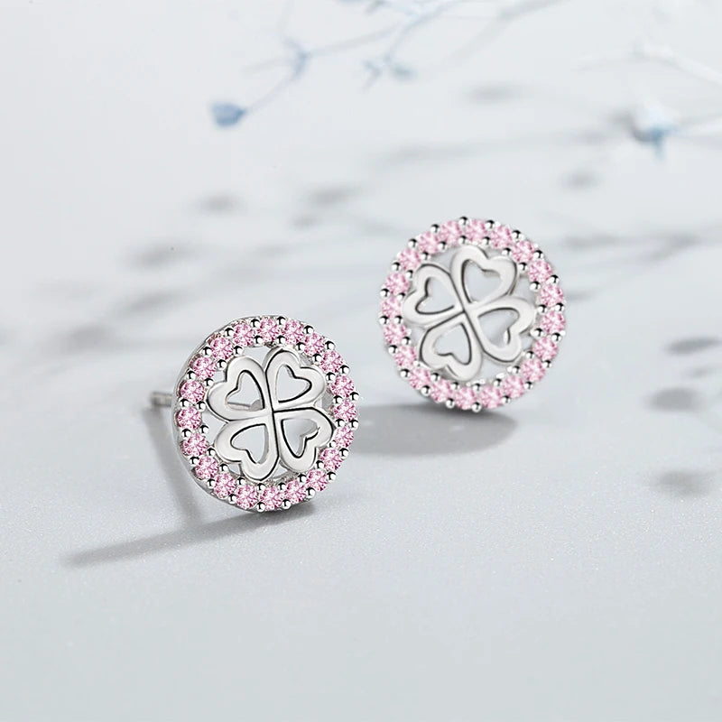 Karopel 925 Silver Pink Crystal Clover Stud Earrings