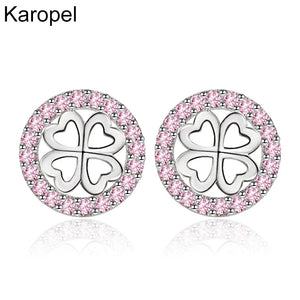 Karopel 925 Silver Pink Crystal Clover Stud Earrings