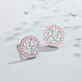 Karopel 925 Silver Pink Crystal Clover Stud Earrings
