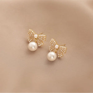 Karopel Sweet Classic Pearl Bow Dangle Earrings for Women