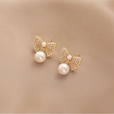 Karopel Sweet Classic Pearl Bow Dangle Earrings for Women
