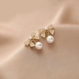 Karopel Sweet Classic Pearl Bow Dangle Earrings for Women