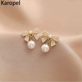 Karopel Sweet Classic Pearl Bow Dangle Earrings for Women