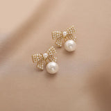 Karopel Sweet Classic Pearl Bow Dangle Earrings for Women