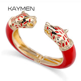 Kaymen Wolf Cuff Bangle, Enamel Bracelet, Chunky Animal Bangle