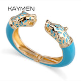 Kaymen Wolf Cuff Bangle, Enamel Bracelet, Chunky Animal Bangle