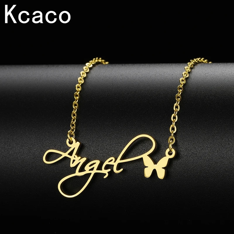 Butterfly Pendant Name Necklace Stainless Steel Chain