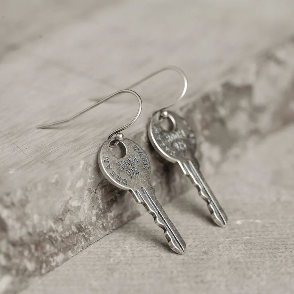Vintage 925 Sterling Silver Key Dangle Earrings Punk Jewelry