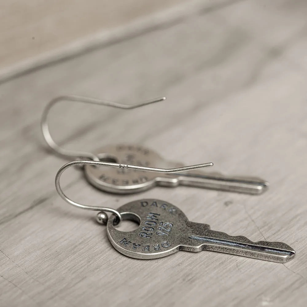 Vintage 925 Sterling Silver Key Dangle Earrings Punk Jewelry