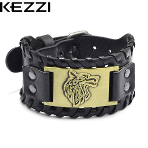 Kezzi Men's Wide Leather Bracelet with Wolf Head, Punk Charm Cuff Bracelet