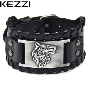 Kezzi Men's Wide Leather Bracelet with Wolf Head, Punk Charm Cuff Bracelet