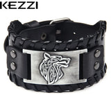 Kezzi Men's Wide Leather Bracelet with Wolf Head, Punk Charm Cuff Bracelet